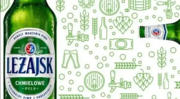 Leżajsk piwo chmielowe, pils. Zielona butelka i grafiki związane z piwowarstwem na białym tle.