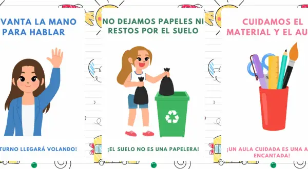 Normas de clase para imprimir: levanta la mano, no tires basura al suelo y cuida el material.