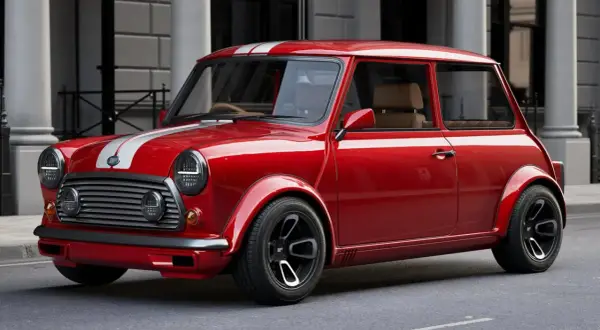 En röd Mini Cooper med vita racingränder, ser ut som en perfekt hundkoja för en liten hund.