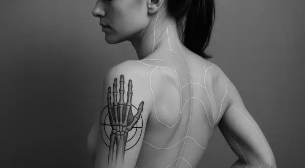 Ein detailliertes **Anatomie Tattoo** eines Skelett-Handknochens auf dem Oberarm einer Frau, umgeben von weißen Linien, die die Körperkonturen und Muskeln auf ihrem Rücken und Arm nachzeichnen.