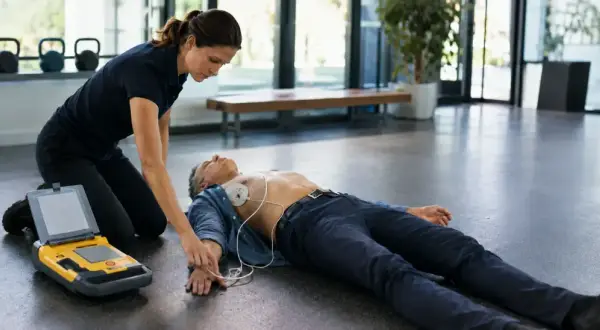 Sanitäterin legt Elektroden eines Defibrillators an einen bewusstlosen Mann an. Schnelle Hilfe ist entscheidend, wann immer ein Defibrillator benötigt wird.