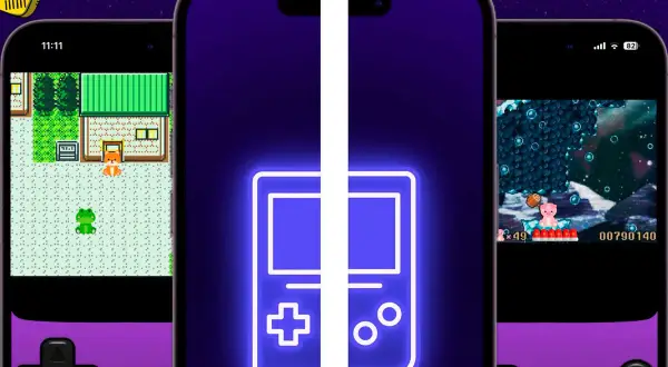 Tres teléfonos muestran juegos retro. El de la izquierda, un juego de rol con un zorro y una rana. El del medio, un icono de Game Boy. El de la derecha, un juego de plataformas con un oso rosa. El mejor emulador GBA Android para revivir estos clásicos.