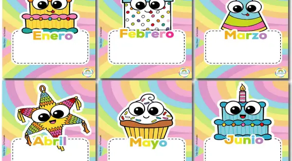 Tarjetas de los meses del año para imprimir: Enero (pastel), Febrero (regalo), Marzo (gorro), Abril (piñata), Mayo (cupcake), Junio (pastel azul).