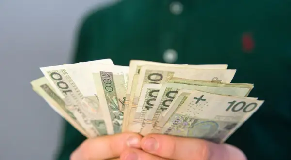 Dłonie trzymające plik banknotów 100 zł. Pytanie: ile wynosi renta rodzinna po zmarłym mężu?