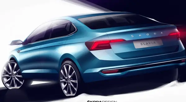 Niebieska Skoda Slavia na szkicu designerskim, widok z tyłu i boku. Elegancka linia nadwozia i nowoczesne światła.