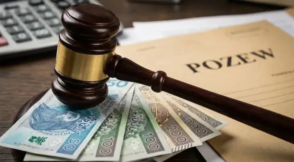 Młotek sędziowski na banknotach i dokumentach z napisem "POZEW". Zastanawiasz się, ile kosztuje złożenie pozwu?