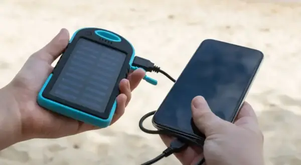 Ładowanie telefonu za pomocą powerbanku solarnego. To przykład efektywności energetycznej w podróży.