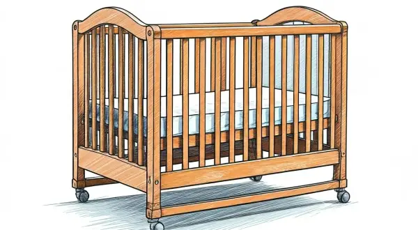 Cuna de madera con ruedas y colchón azul. Un lugar seguro para que los bebés duerman, como un "crib" en inglés.