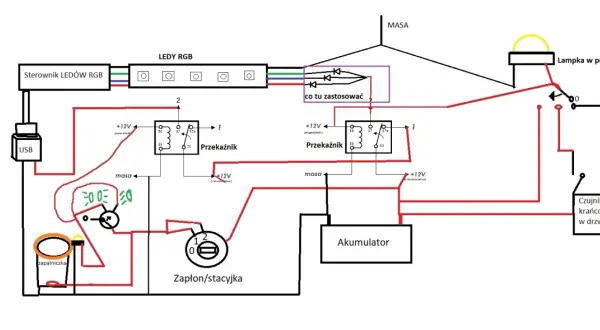 Schemat pokazuje, jak podłączyć LED bar w samochodzie, wykorzystując przekaźniki, sterownik RGB, zapłon, akumulator i czujnik drzwi.
