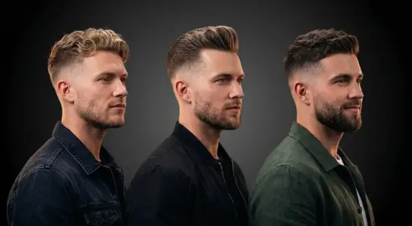 Trois hommes présentent des coupes de cheveux modernes avec un court barbe homme dégradé, allant du blond ondulé au brun texturé.