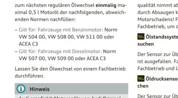Textauszug mit Informationen zu Motoröl-Normen und Viskositäten für Audi A3.