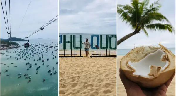 Wietnam plaże: widok z kolejki linowej na zatokę pełną łodzi, mężczyzna na plaży przy napisie "Phu Quoc" i kokos w dłoni.
