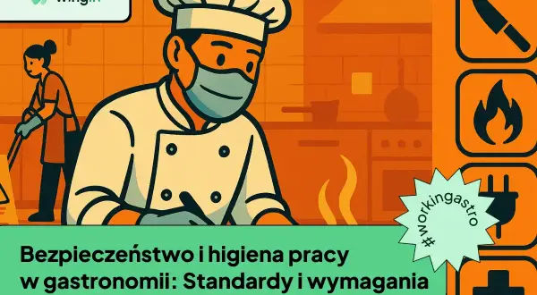 Kucharz w masce i fartuchu, pracownik sprzątający kuchnię. Ilustracja podkreśla dobrą praktykę higieniczną w gastronomii.