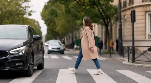 Une femme traverse sur un passage piéton, une voiture noire s'approche, risquant un refus de priorité piéton.