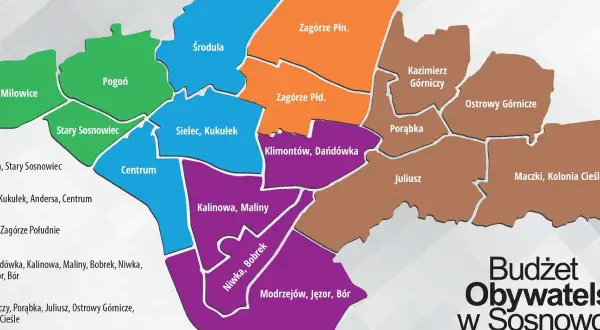 Mapa Sosnowca z podziałem na dzielnice, np. Centrum, Zagórze Płn., Kalinowa. To element budżetu obywatelskiego.