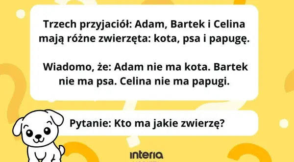 Rozwiąż zagadkę: kłiz o genzie. Adam, Bartek i Celina mają kota, psa i papugę. Kto ma jakie zwierzę?