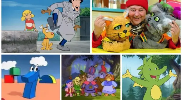 Kolaż z postaciami z **starych bajek dla dzieci**: Inspektor Gadżet, Gummy Bears, smok i inne.