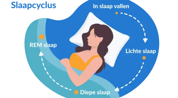 Illustratie van een vrouw die slaapt, met de slaapcyclus: in slaap vallen, lichte slaap, diepe slaap en REM slaap. Zelfs met 5 uur slaap doorloopt het lichaam deze fasen.