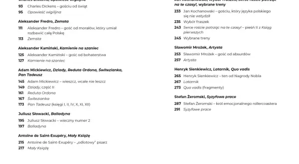 Spis treści: Pan Tadeusz, rodzaj literacki epika, Mickiewicz. Inne dzieła: Dickens, Fredro, Słowacki, Saint-Exupéry, Kochanowski, Mrożek, Sienkiewicz, Żeromski.