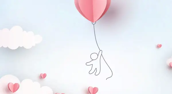 Rocznica związku: serce-balon unosi postać, a wokół chmury i serduszka.