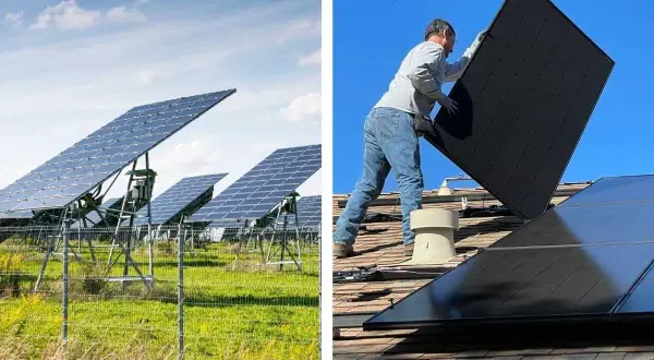 Panele fotowoltaiczne w ogrodzie i na dachu domu. Montaż paneli słonecznych to krok ku zielonej energii.