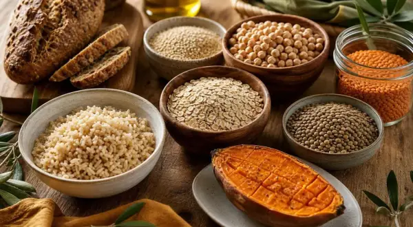 Pain, riz brun, flocons d'avoine, lentilles, pois chiches, patate douce : voilà ce que sont les glucides, source d'énergie.