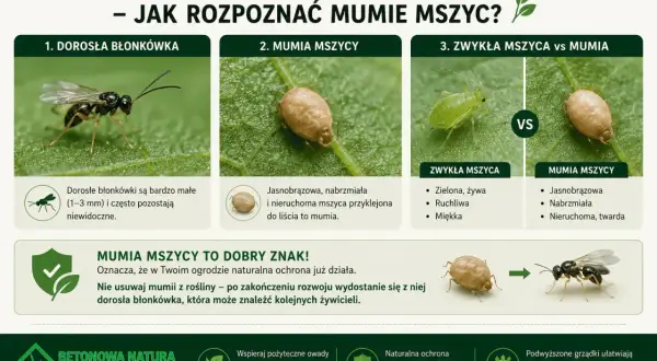 Dorosła błonkówka, mumia mszycy i zwykła mszyca. Mumia mszycy to znak, że naturalna ochrona przed szkodnikami w ogrodzie działa.