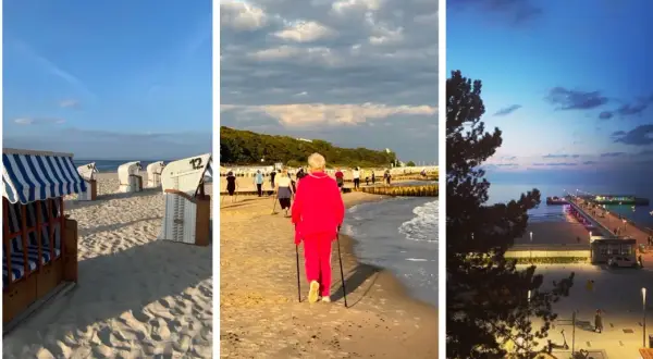 Słoneczna plaża, spacerująca seniorka z kijkami, wieczorny molo. Idealny "perła bałtyku pakiet seniora".