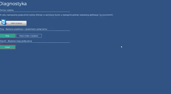 Ekran diagnostyki z opcjami "Pomoc zdalna", "Ping" do badania prędkości połączenia oraz "Tracert" do badania jego trasy.