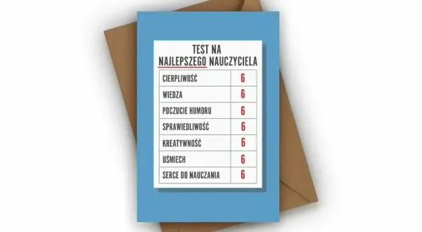 Kartka z testem na najlepszego nauczyciela, oceny 6 z cierpliwości, wiedzy, humoru, sprawiedliwości, kreatywności, uśmiechu i serca do nauczania. Art 20 kn.