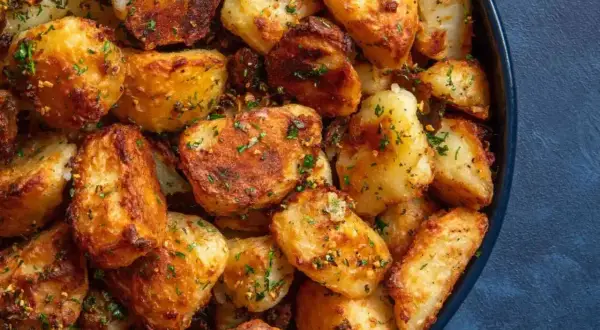 En skål med gyllene, krispiga potatis i ugn, strödda med färsk persilja. Perfekt som tillbehör till middagen.