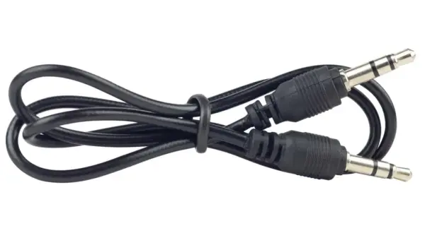 Schwarzes Aux-Kabel mit zwei 3,5-mm-Klinkensteckern. Es erklärt, was Aux-In bedeutet: die Verbindung für Audio.