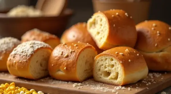 Petits pains dorés, certains saupoudrés de graines, d'autres de miettes fines. La mie aérée suggère une texture légère, peut-être grâce à l'amidon modifié.