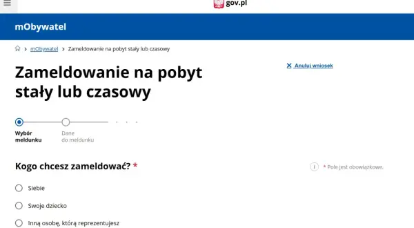 Strona mObywatel: zameldowanie na pobyt stały lub czasowy. Wybór kogo chcesz zameldować: siebie, dziecko lub inną osobę. Zmiana adresu zameldowania online.