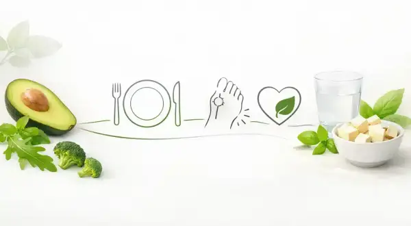 Zdrowa dieta na dnę moczanową: awokado, brokuły, tofu i woda. Symbol serca z liściem oznacza zdrowie.