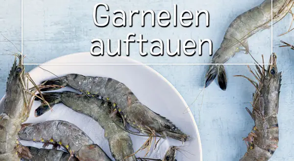 Frische Garnelen auf einem Teller, bereit zum Auftauen für ein köstliches Abendessen.
