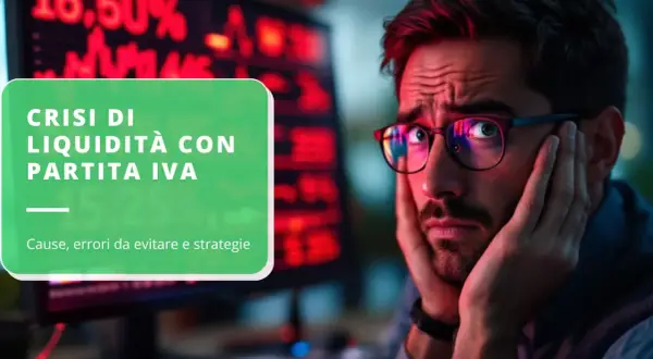 Uomo preoccupato guarda schermo con grafici, testo "Crisi di liquidità con partita IVA: cause, errori da evitare e strategie".