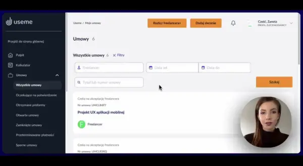 Panel zarządzania umowami dla freelancera. Widoczne filtry wyszukiwania, lista umów i zdjęcie użytkowniczki.