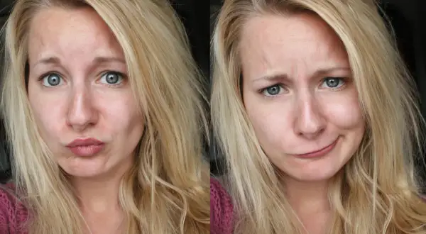 Två närbilder på en kvinna med blont hår. Hon gör olika miner, kanske för att visa resultatet av att blondera håret hemma.