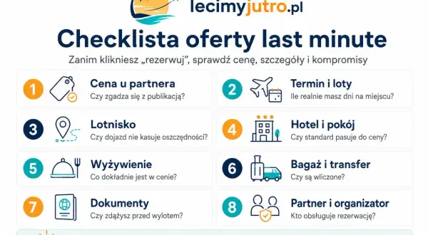 Checklista ofert last minute: cena, termin, hotel, wyżywienie, bagaż, partner. Niska cena jest dobra, gdy szczegóły mają sens.