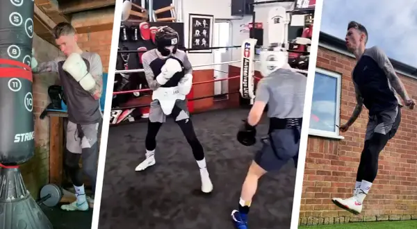 A boxer trains, proving boxing is good cardio. He hits a heavy bag, spars in a ring, and jumps rope outdoors.