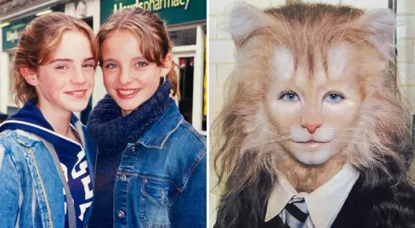Två unga tjejer, en som påminner om Emma Watson i tidiga filmer, och en kattmänniska i kostym.