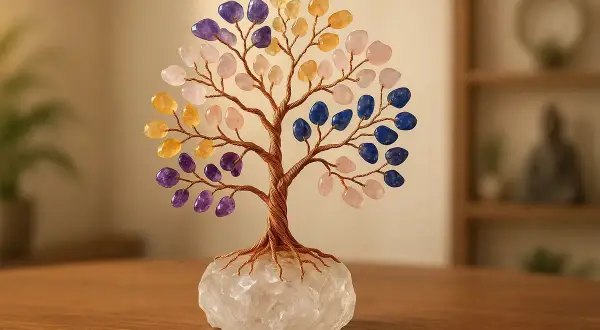 Árbol de la vida con ramas de alambre y hojas de piedras semipreciosas de colores. La base es una gran piedra de cuarzo. Un detalle decorativo para poner piedras alrededor de un árbol.