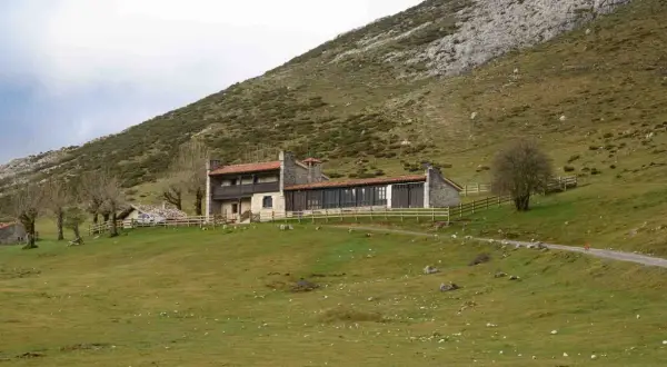 Edificio de piedra con tejado rojo en ladera verde. Un lugar donde se puede comer en los Lagos de Covadonga, con un camino y un árbol solitario.