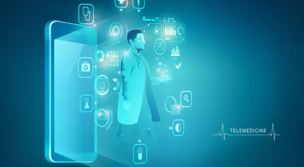 Arzt mit digitalen Gesundheitsdaten, die auf einem Smartphone angezeigt werden. Ein Blick auf das Gehalt im Bereich Digital Health Management.
