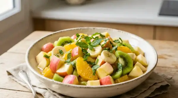 Un bol de salade de fruits d'été colorée avec des morceaux de kiwi, d'orange, de banane et de pomme, garnie de menthe fraîche.