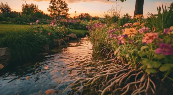 Un ruisseau paisible aux reflets orangés, bordé de fleurs et de racines. Une scène naturelle qui suggère comment oxygéner l'eau sans pompe.