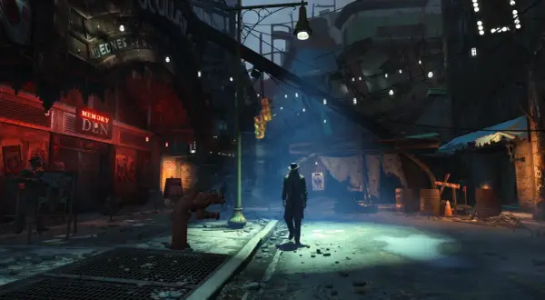 Mroczna ulica w postapokaliptycznym świecie, gdzie jeden z **fallout 4 towarzysze** przemierza zniszczone miasto.
