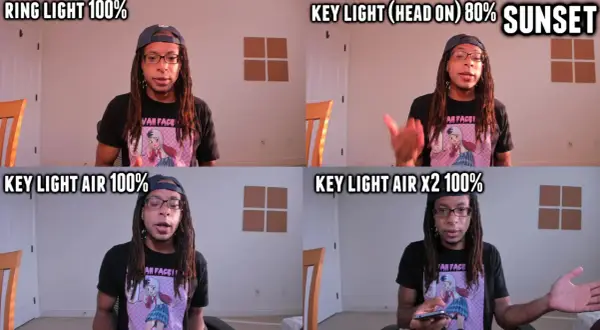 Four shots compare ring light vs panel light setups. A man with dreadlocks and glasses is shown in each, with different lighting conditions and percentages displayed.