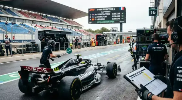 Coche de F1 en boxes durante entrenamientos. Un miembro del equipo guía al piloto mientras otros revisan tiempos en pantalla.